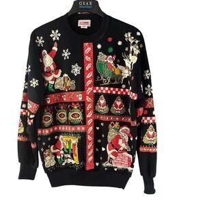 Vintage Nutcracker Santa Reindeer Christams Sweatshirt Puff Paint Glitter Large